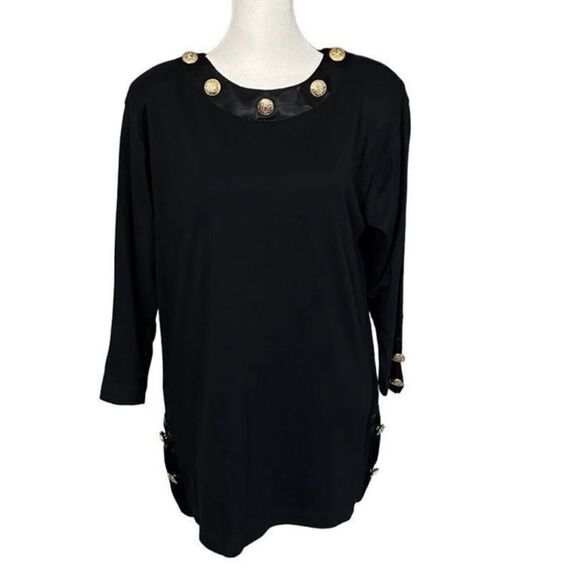 Ivana Vintage Black & Gold Button Detail 3/4 Sleeve Split Hem Blouse Sz Medium - Picture 1 of 10